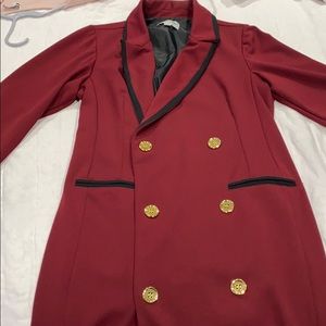 Burgundy with black long thin coat